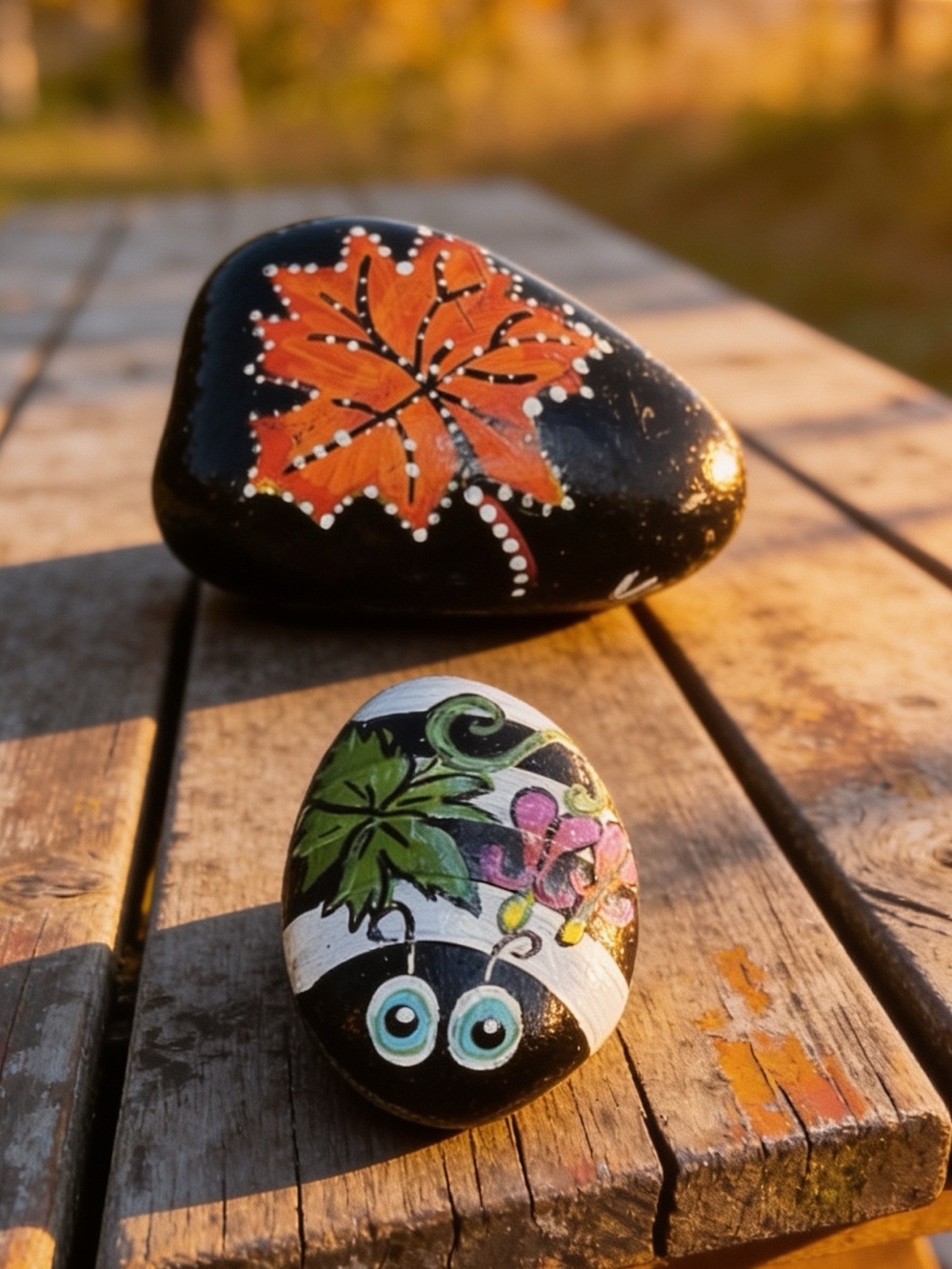 Hand crafted painted maple leaf and beetle bug rocks Fall theme set of two black
